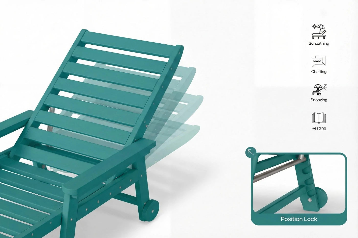 Teal lounge chair with adjustable position lock feature on a white background