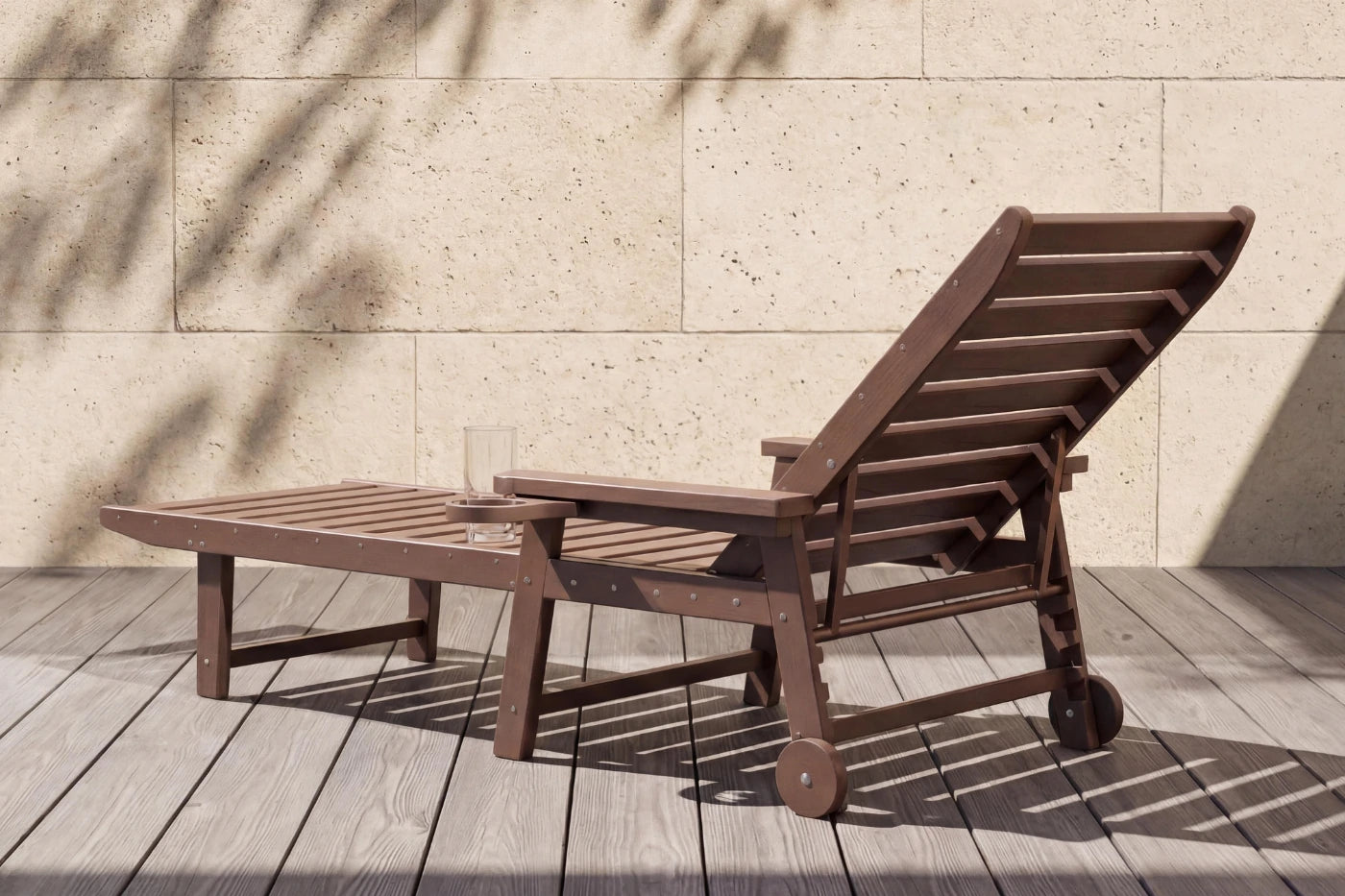 Brown outdoor lounge chair with ottoman on a wooden deck against a beige wall.