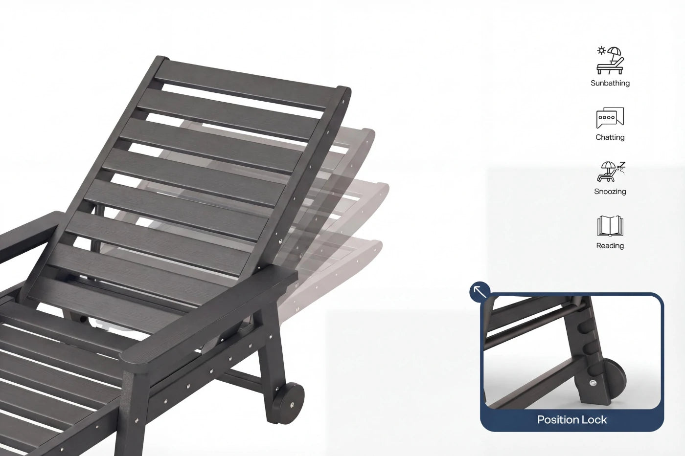 Gray lounge chair with wheels on a white background, featuring icons for sunbathing, reading, and chatting.