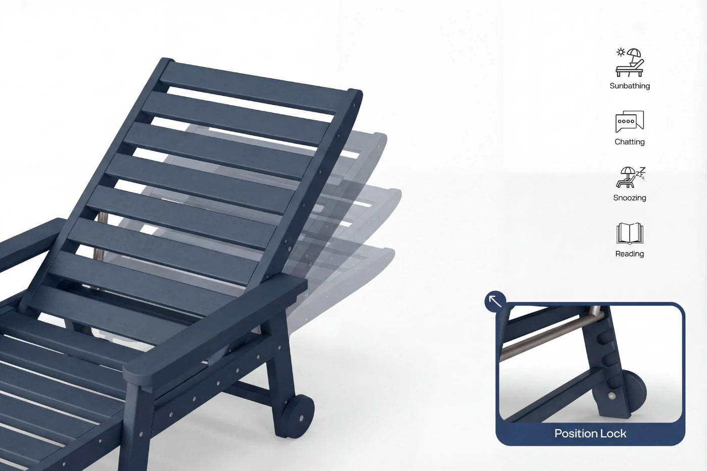 Navy blue lounge chair with wheels on a white background