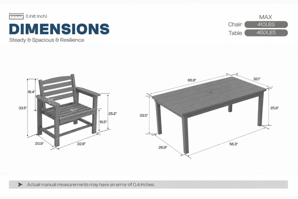 A dimension diagram showing a gray outdoor armchair and matching rectangular table with labeled measurements, plus weight capacity information on a white background.