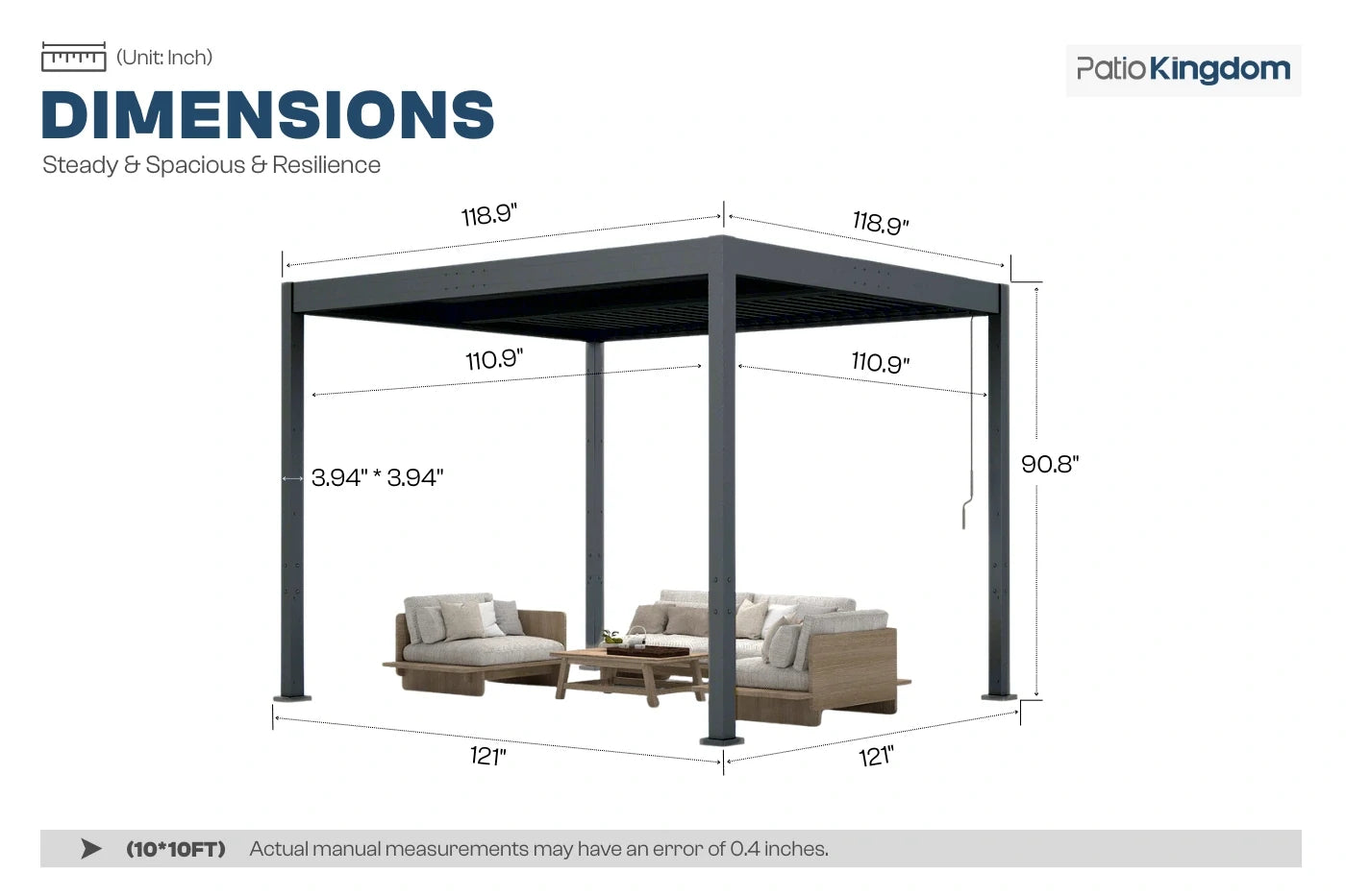 Dimensions of a patio louvered pergola with furniture underneath, labeled 'Patio Kingdom'.