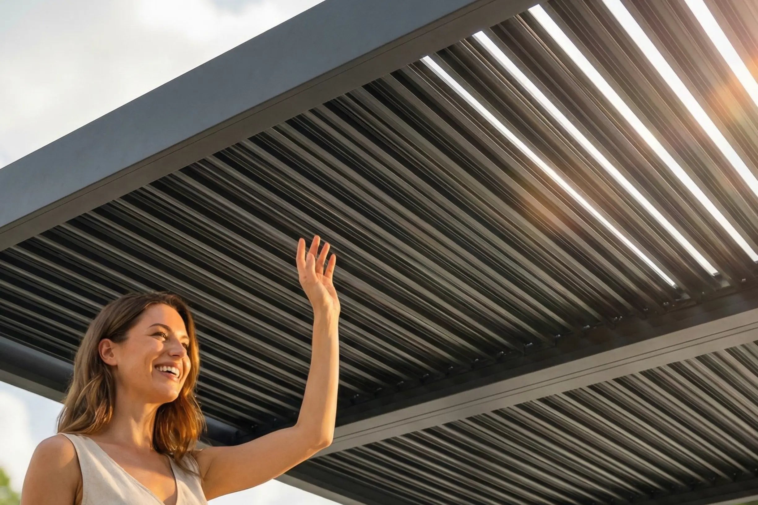 modern louvered pergola with sunlight filtering through