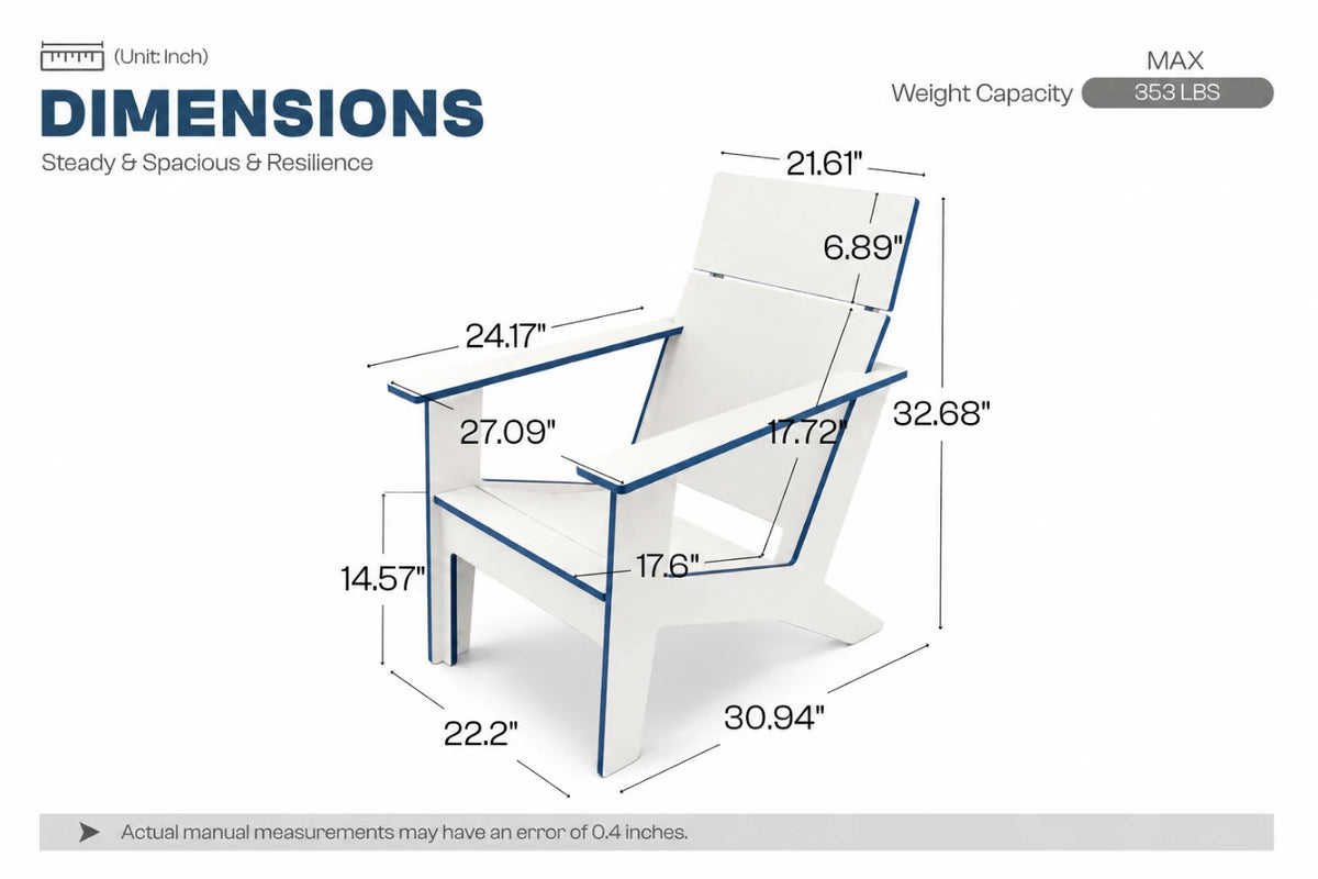A dimension diagram of a white outdoor chair with blue outline accents, showing multiple measurements such as height, width, and depth, plus text reading DIMENSIONS, Weight Capacity MAX 353 LBS.