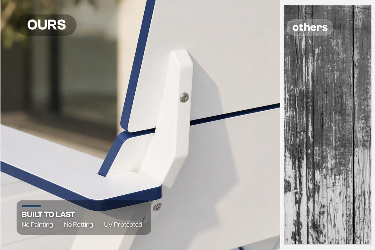 Close-up of a white outdoor furniture corner with blue trim, labeled 'OURS', alongside a black-and-white wood texture labeled 'others' and text noting no painting, no rotting, and UV protection.