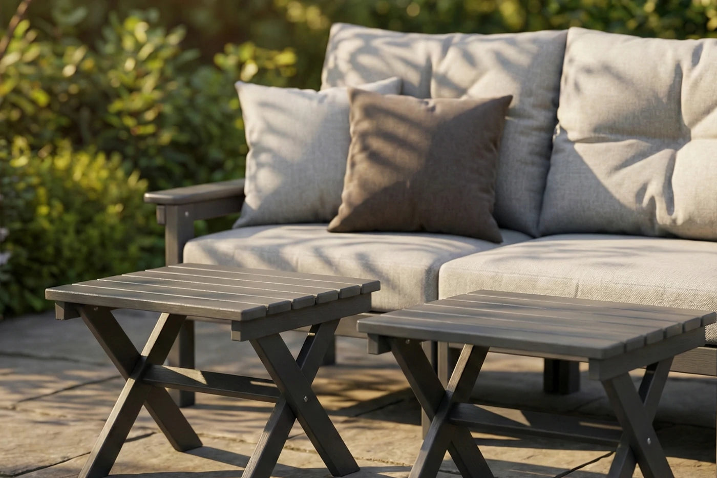Outdoor patio set with a sofa, coffee table, and side table in a garden setting.