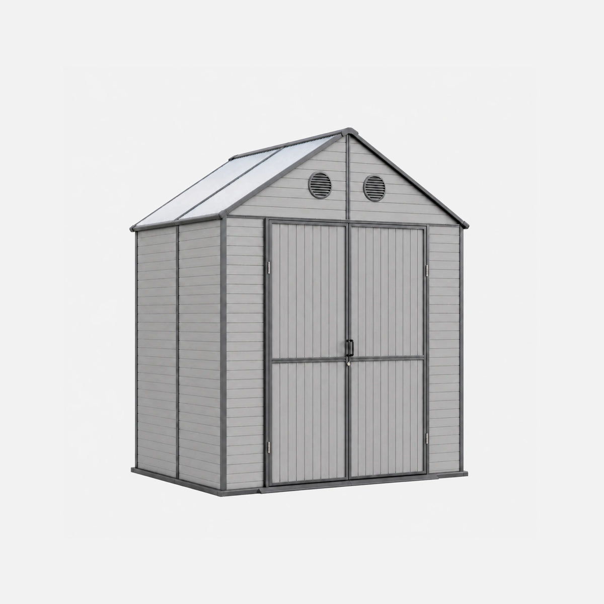 Resin storage shed with polycarbonate roof on a white background