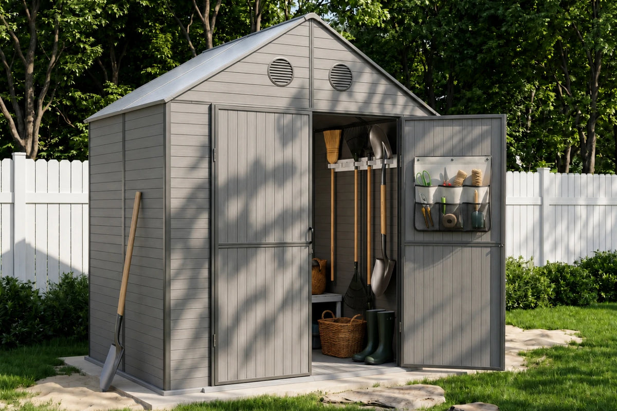 A gray resin storage shed with polycarbonate roof, shown in a backyard setting with the front door open to reveal gardening tools inside. A shovel leans against the shed, and a white fence and green trees are in the background.