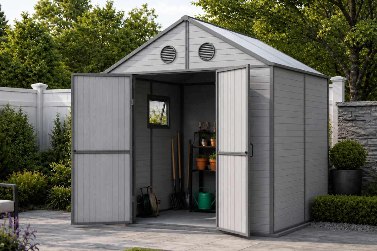 A gray resin storage shed with double doors open, showing a garden interior with tools and potted plants, set in a landscaped backyard with trees and a stone wall.