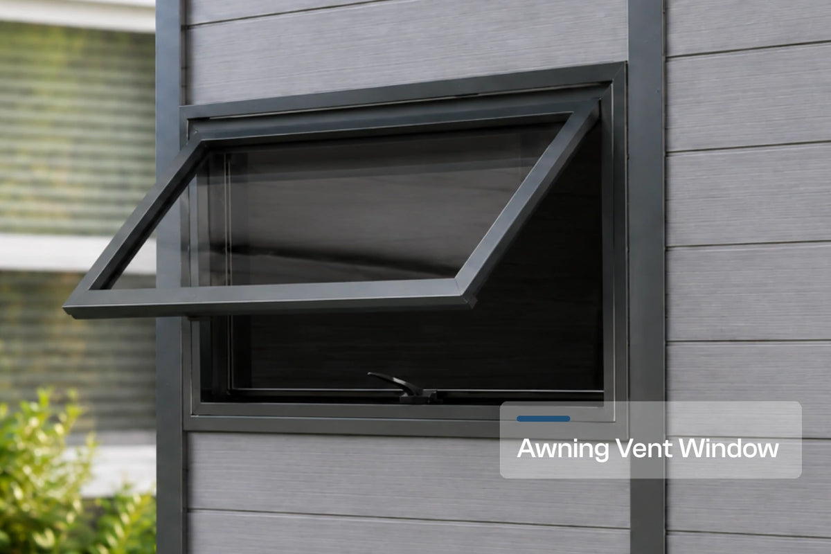 A black awning vent window installed in a gray resin storage shed with polycarbonate roof, shown with the window open. A text overlay reads 'Awning Vent Window'.