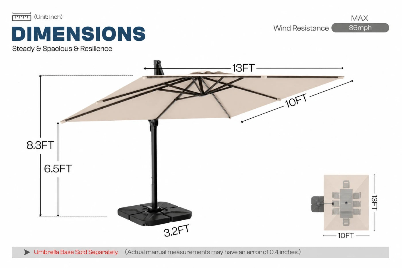 A dimension diagram of a beige cantilever patio umbrella with a black pole and base on a white background, showing measurements of 13FT, 10FT, 8.3FT.