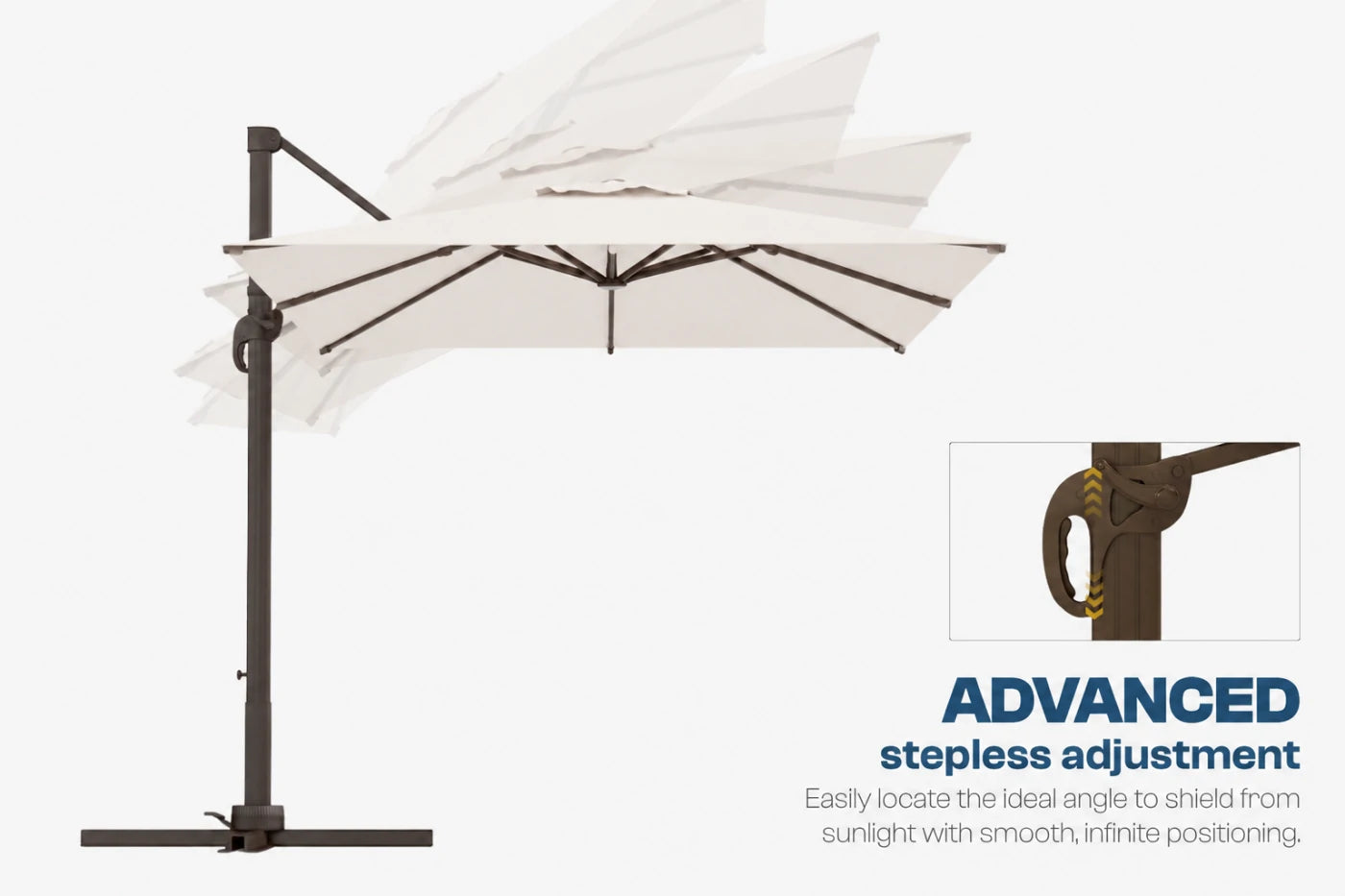 A cantilever patio umbrella with a white canopy and dark metal frame, shown on a light gray background with an inset detail of the stepless adjustment mechanism and marketing text reading 'ADVANCED stepless adjustment.'.