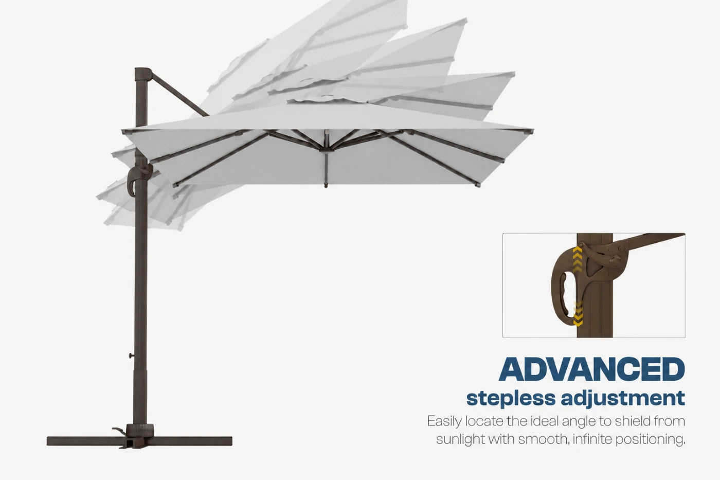 A cantilever patio umbrella shown in a clean studio-style render on a light gray background, with a close-up inset of the pole adjustment mechanism and text reading 'ADVANCED stepless adjustment.' The product itself appears to be a gray canopy with a dark brown or bronze metal frame and base.