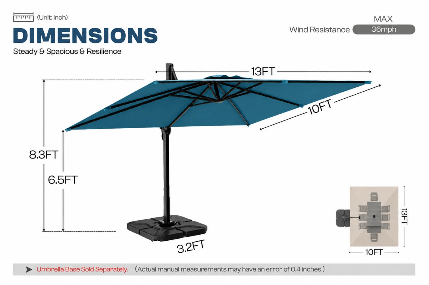 A dimension diagram of a cantilever patio umbrella with a lake blue canopy and black frame/base on a white background. The image shows labeled measurements for the canopy (13FT, 10FT.