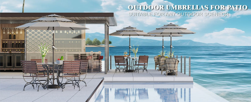 Transform your outdoor space with Patio Kingdom's patterned tassel umbrellas.
