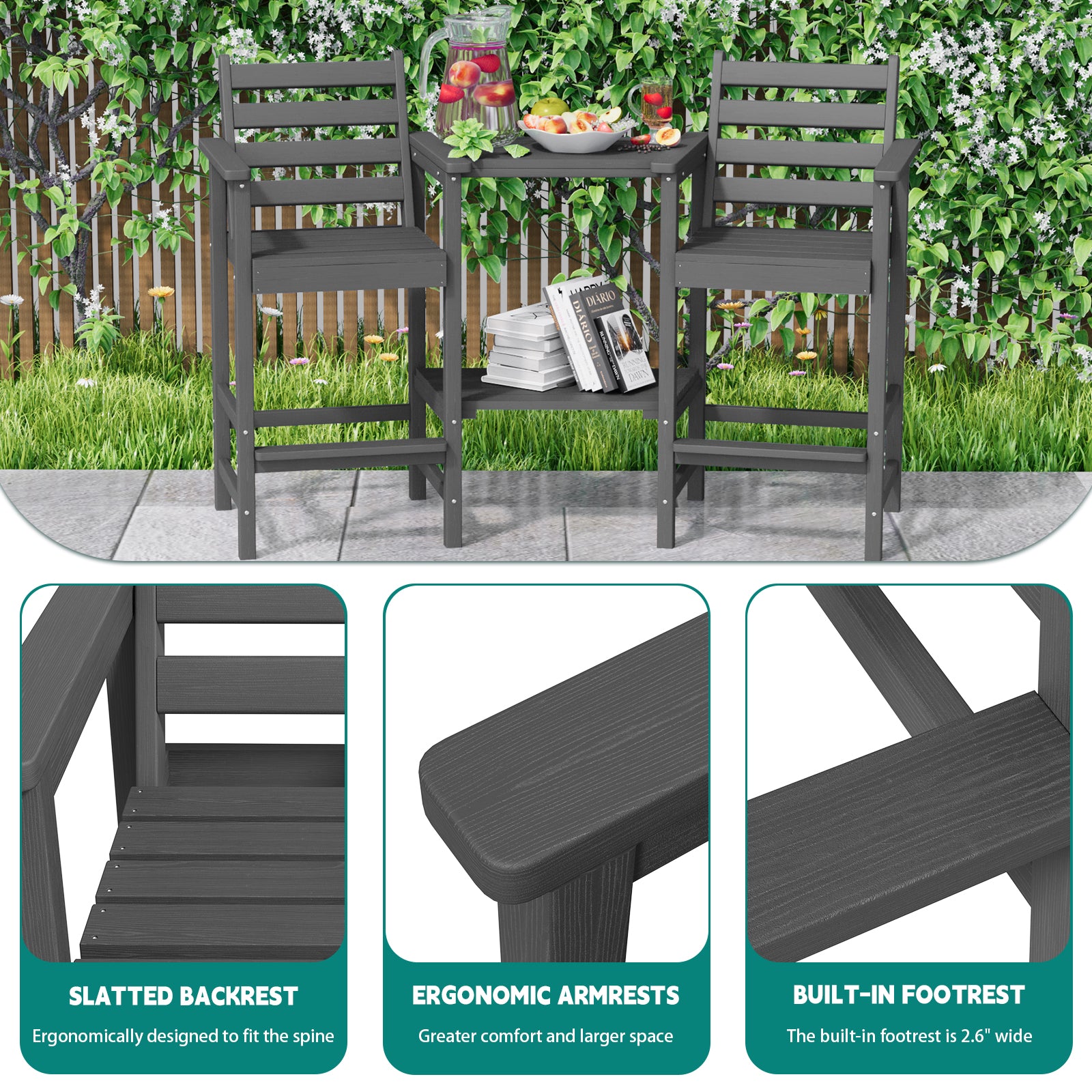 AreShark HDPE Tall Adirondack Chair Set with Removable Double Trays