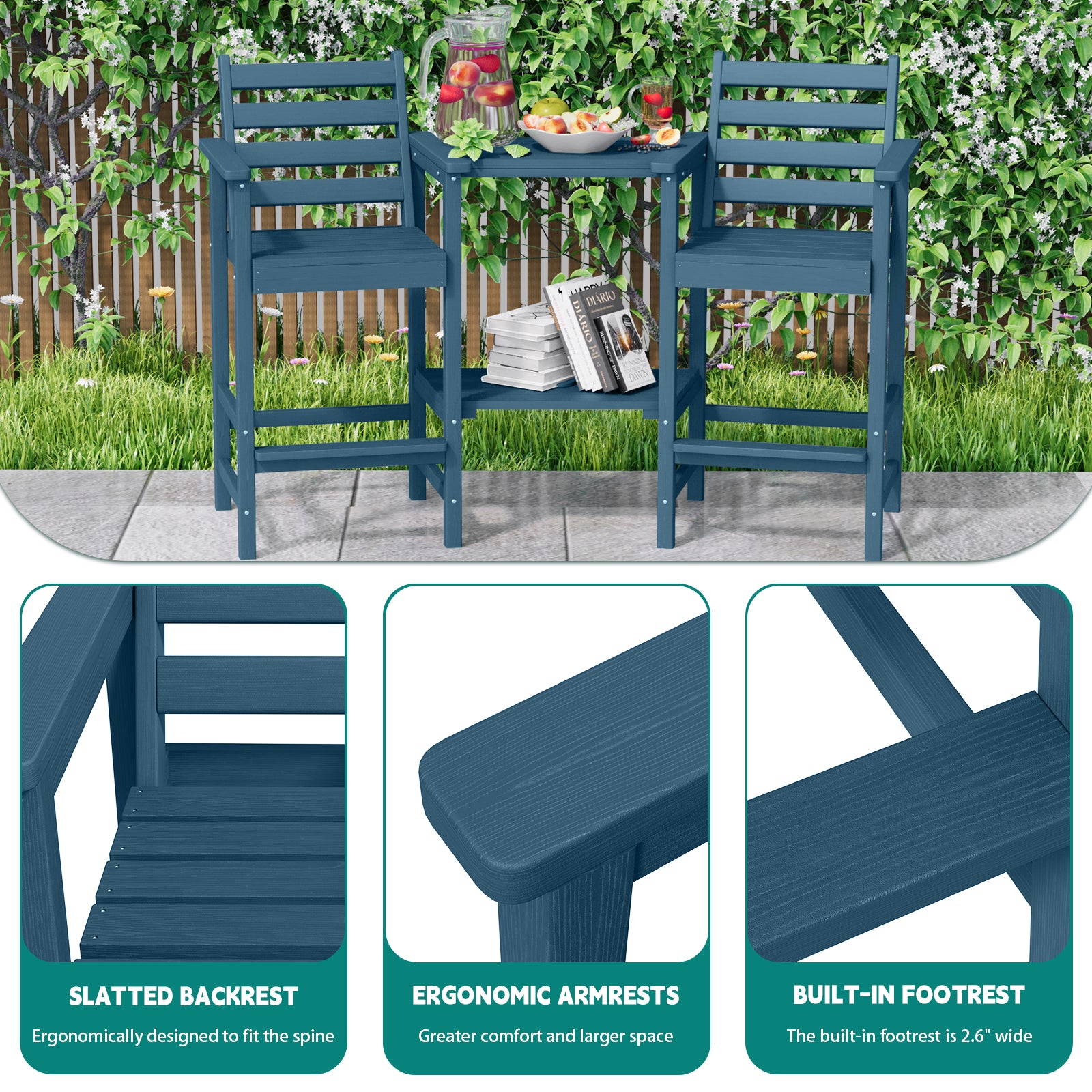 AreShark HDPE Tall Adirondack Chair Set with Removable Double Trays
