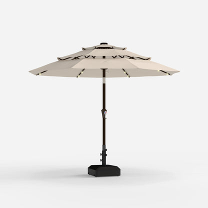 Beige patio umbrella with black stand on a white background