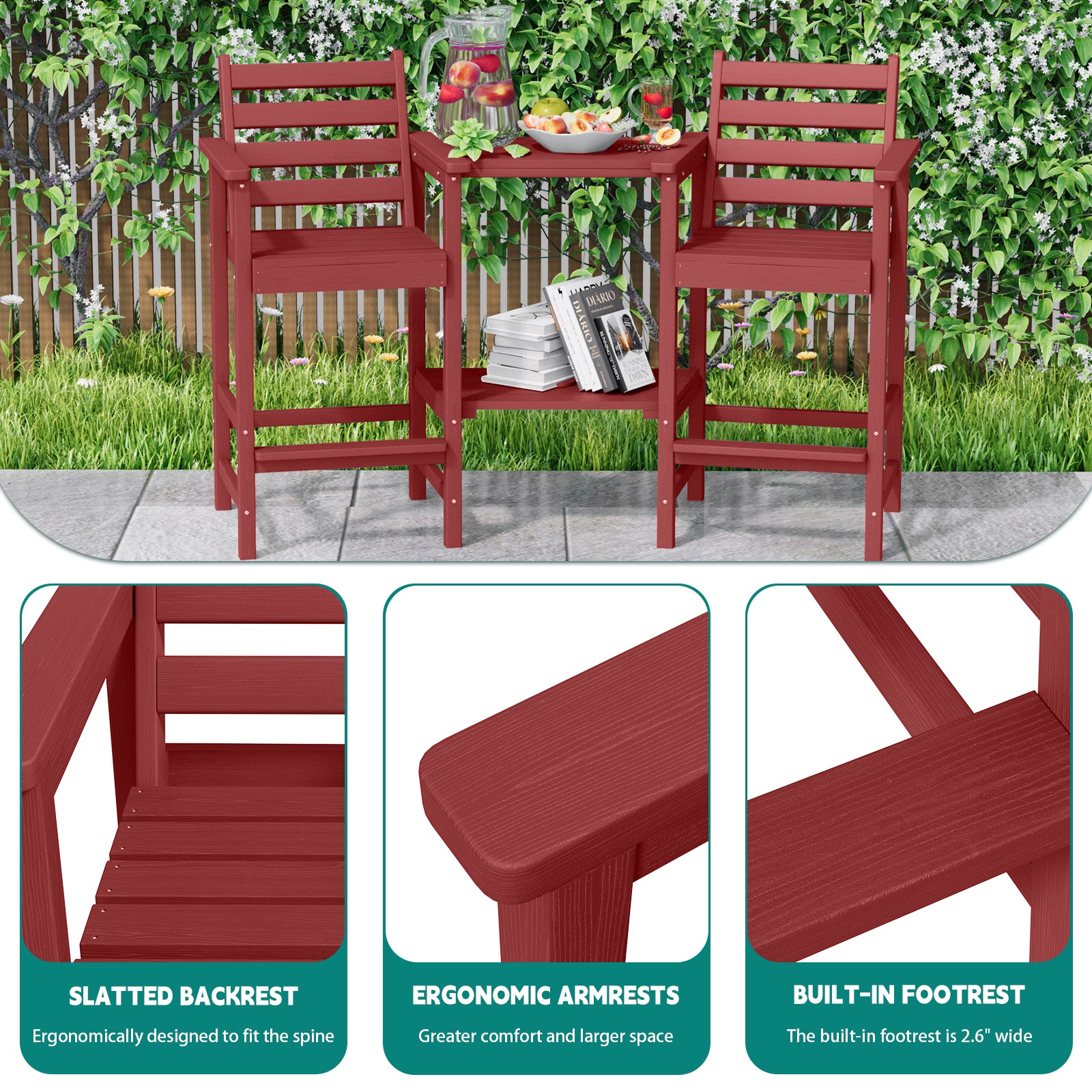 AreShark HDPE Tall Adirondack Chair Set with Removable Double Trays