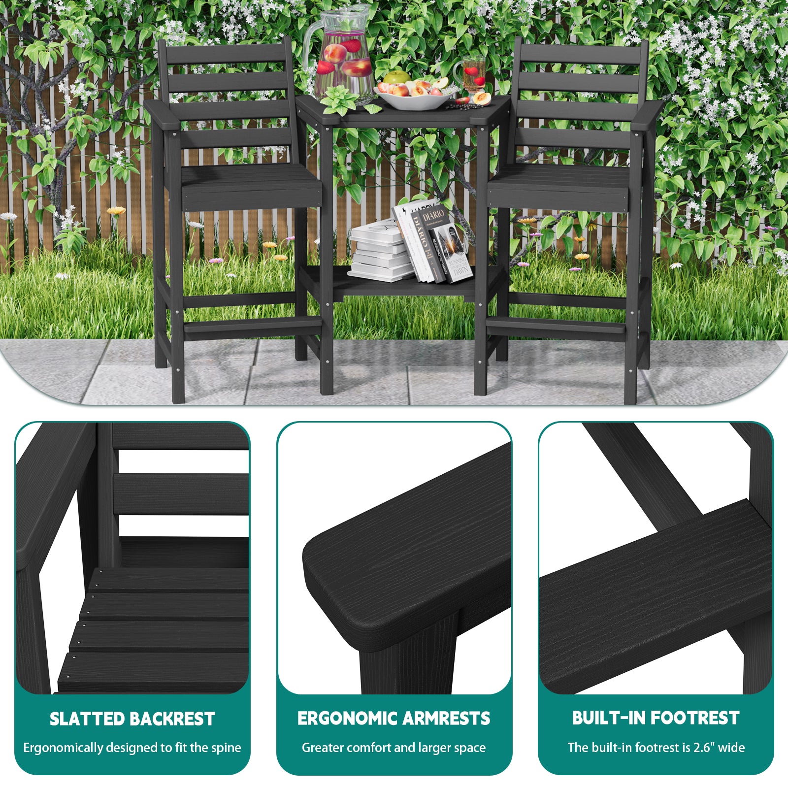 AreShark HDPE Tall Adirondack Chair Set with Removable Double Trays