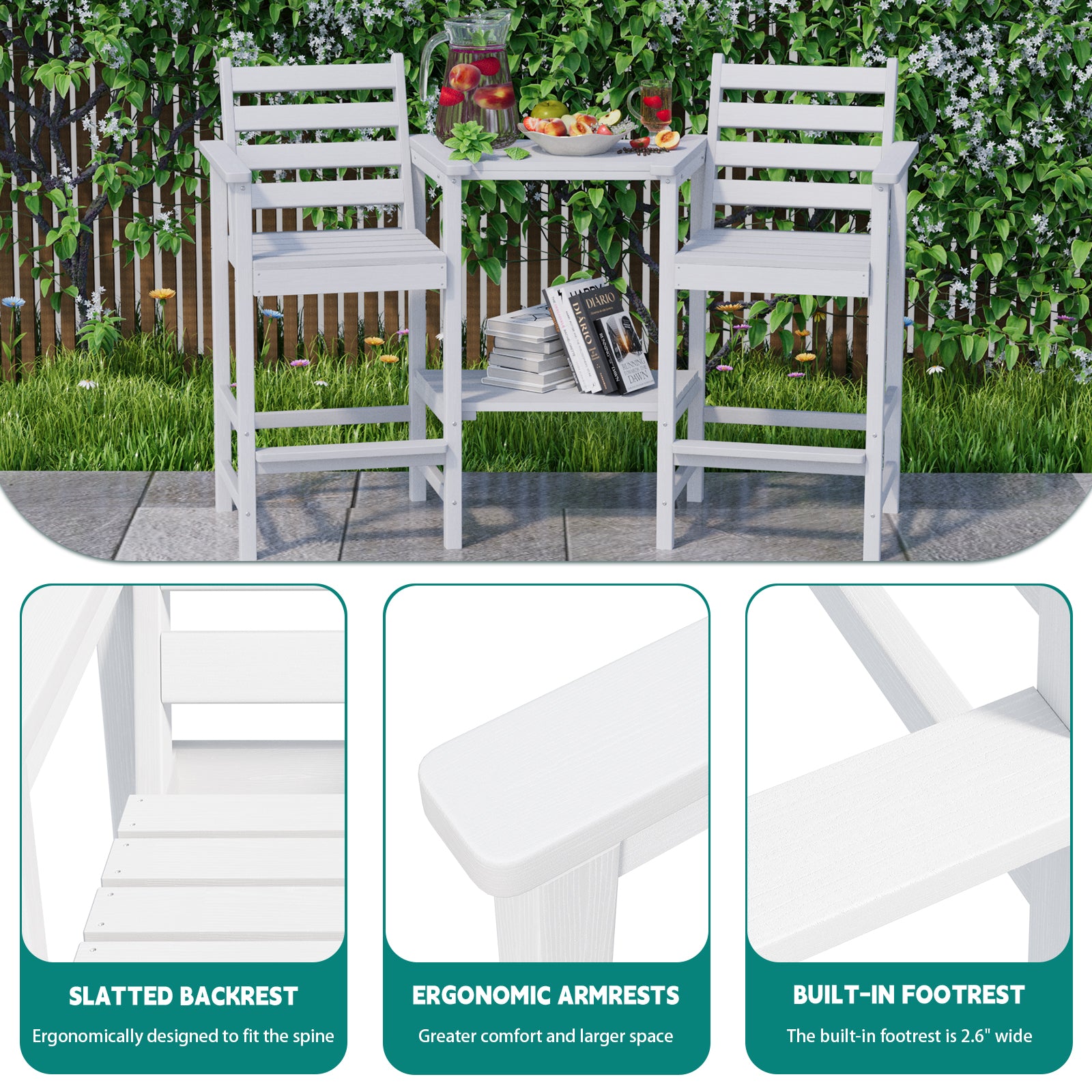AreShark HDPE Tall Adirondack Chair Set with Removable Double Trays