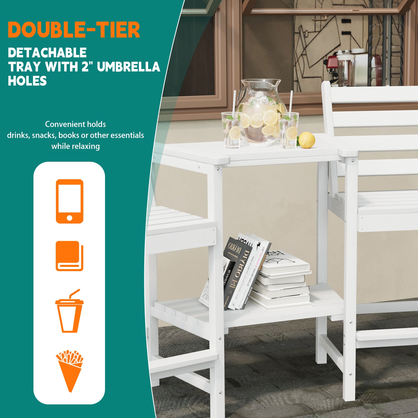 AreShark HDPE Tall Adirondack Chair Set with Removable Double Trays