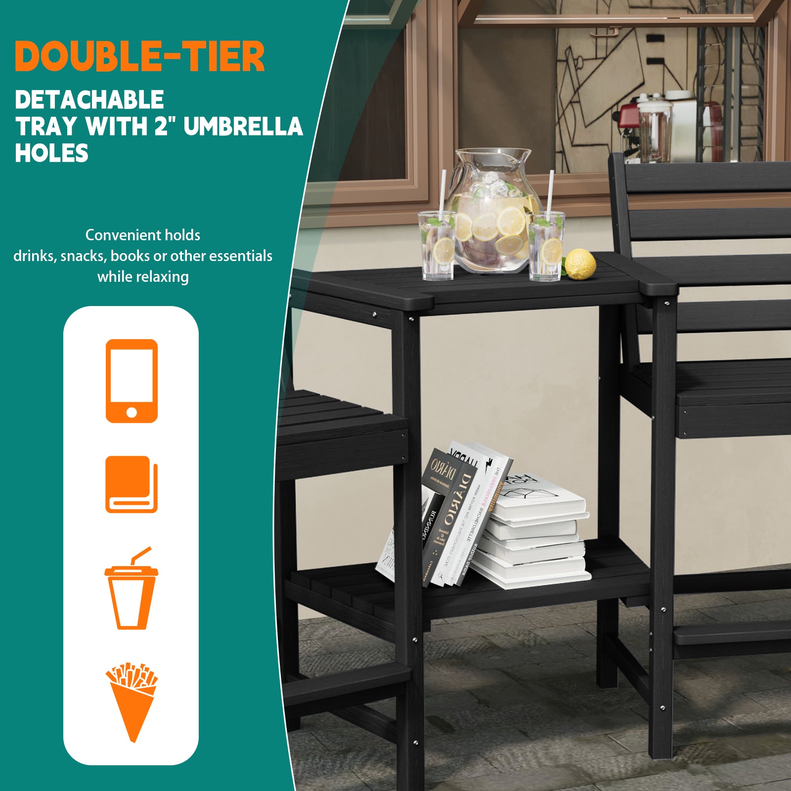 AreShark HDPE Tall Adirondack Chair Set with Removable Double Trays