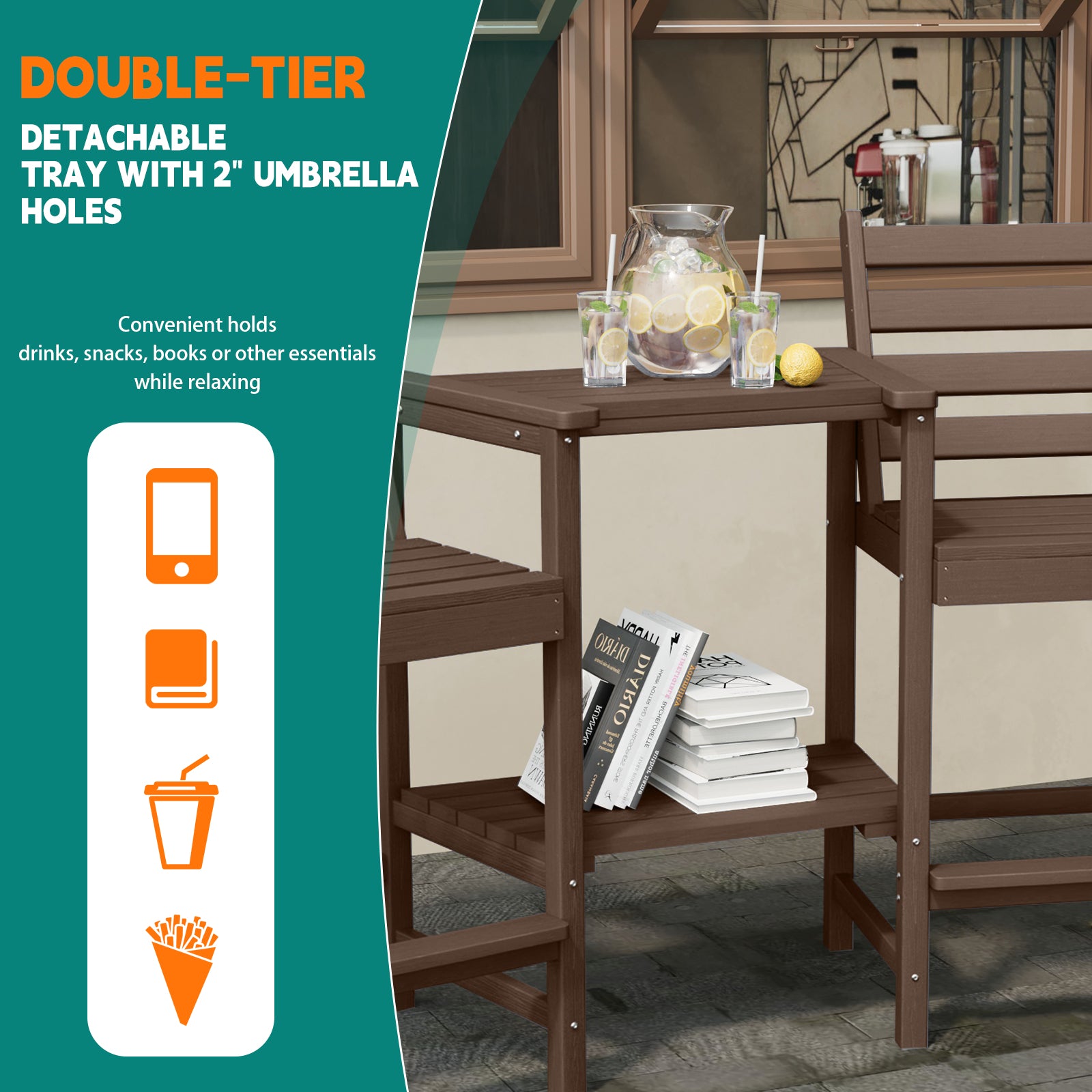 AreShark HDPE Tall Adirondack Chair Set with Removable Double Trays