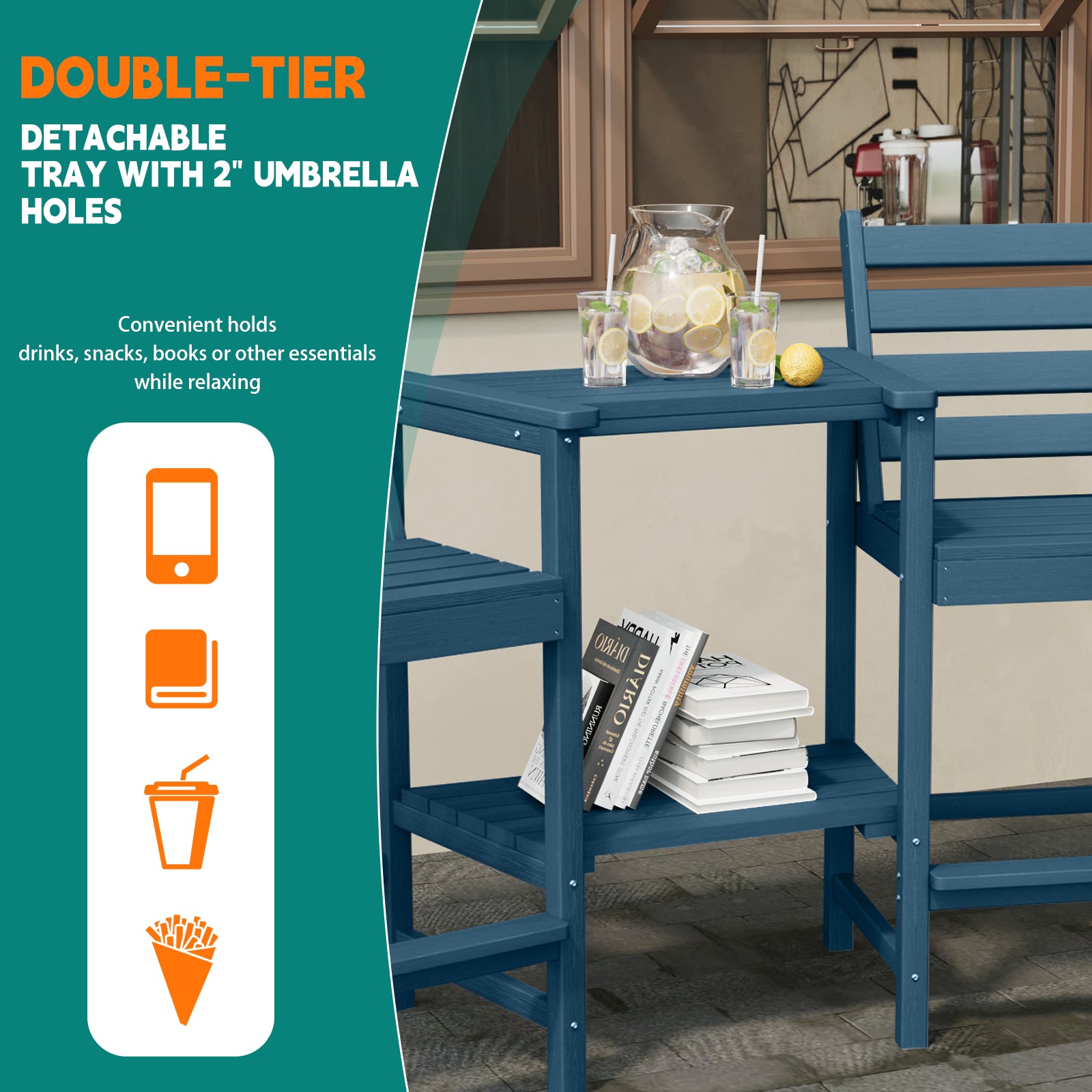 AreShark HDPE Tall Adirondack Chair Set with Removable Double Trays