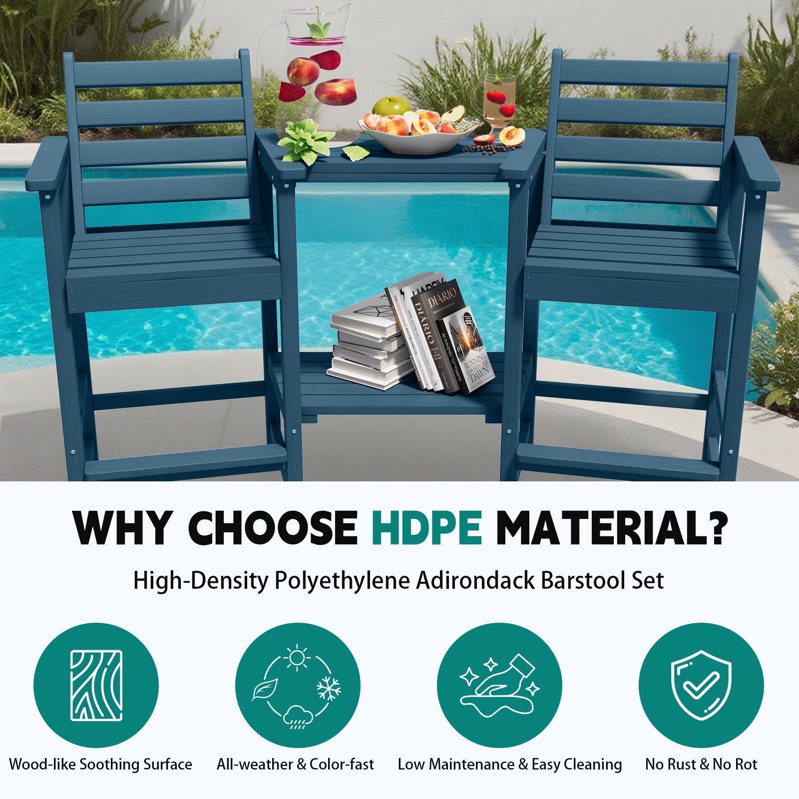 AreShark HDPE Tall Adirondack Chair Set with Removable Double Trays