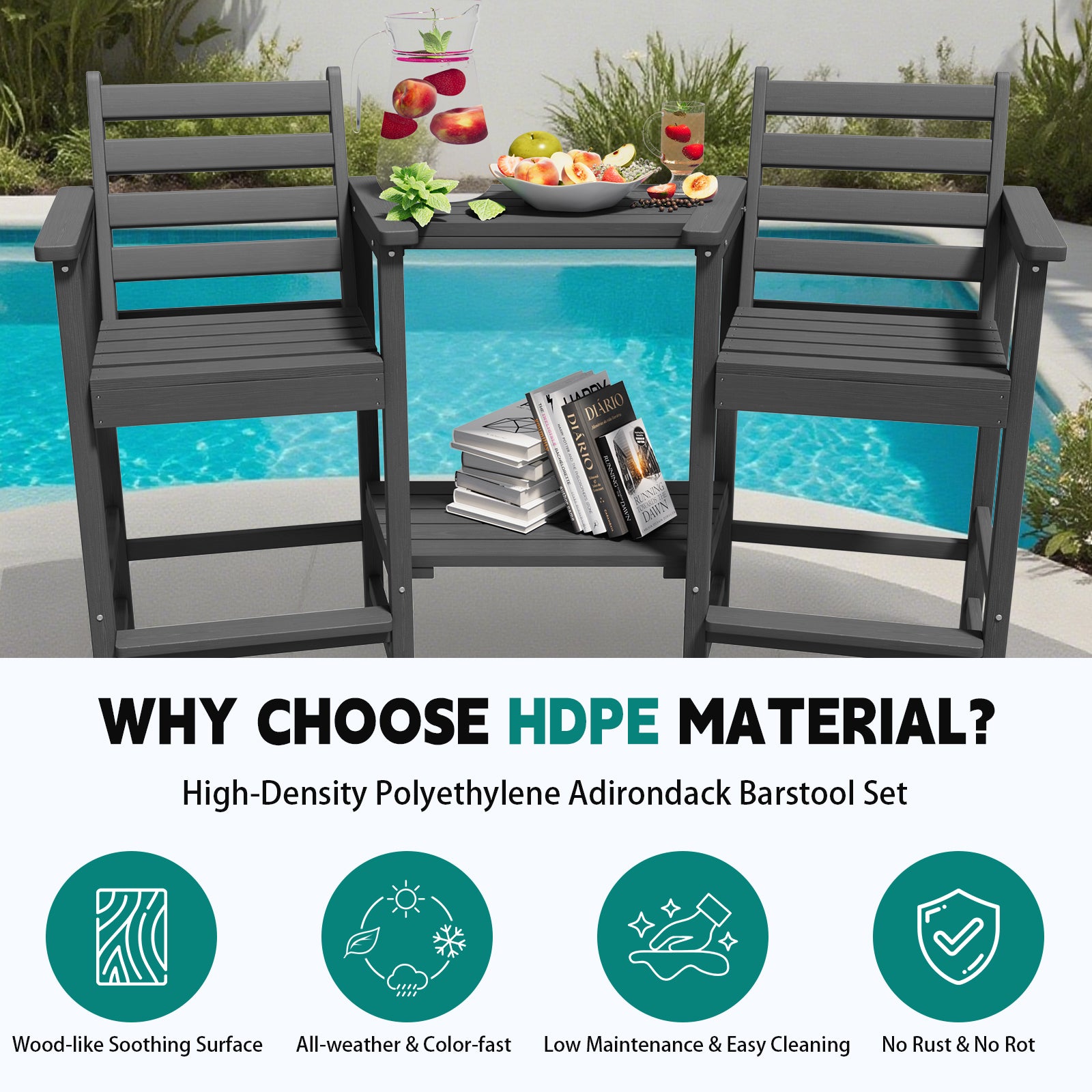 AreShark HDPE Tall Adirondack Chair Set with Removable Double Trays