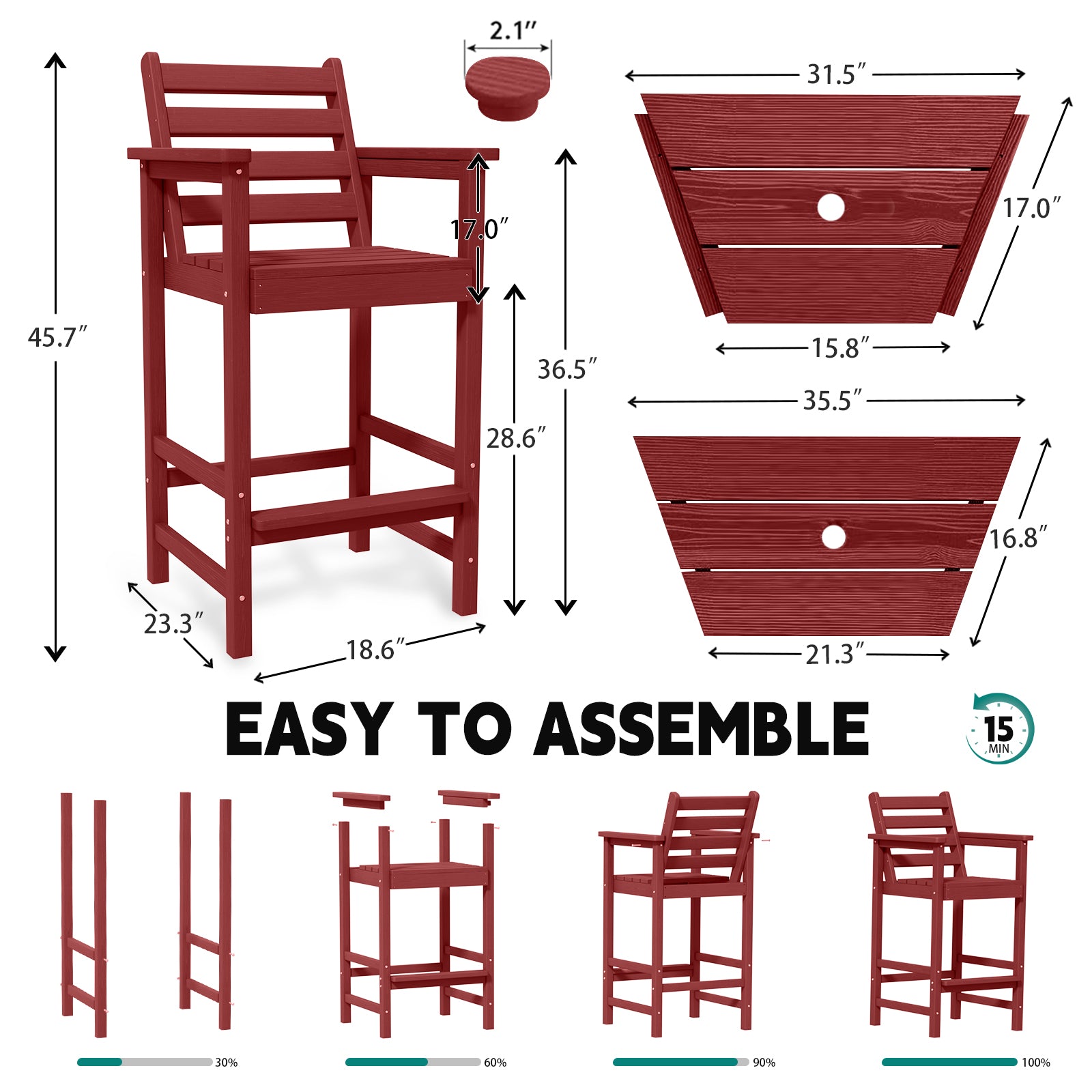 AreShark HDPE Tall Adirondack Chair Set with Removable Double Trays
