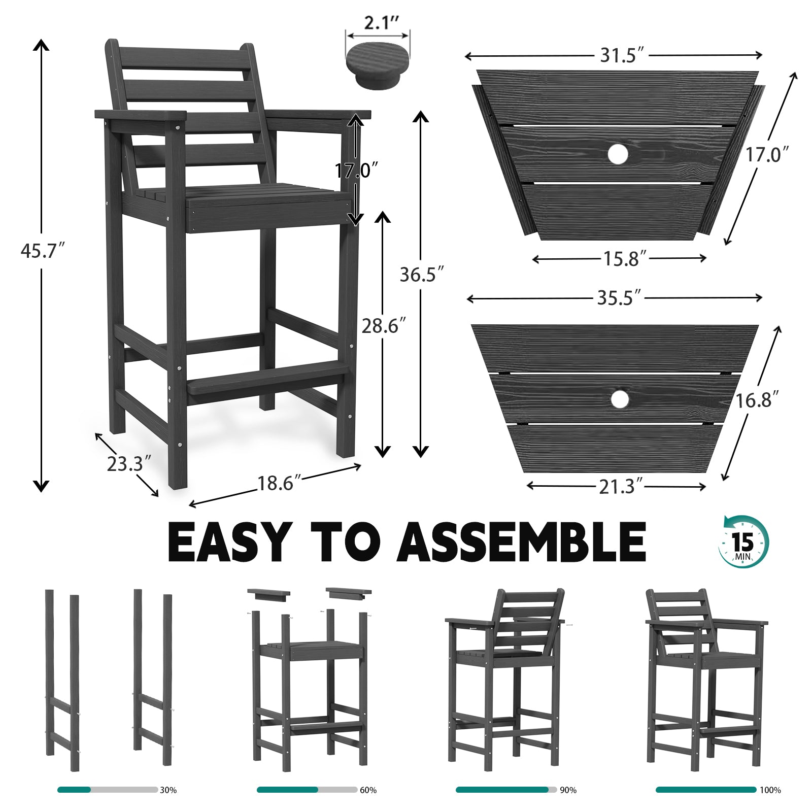 AreShark HDPE Tall Adirondack Chair Set with Removable Double Trays