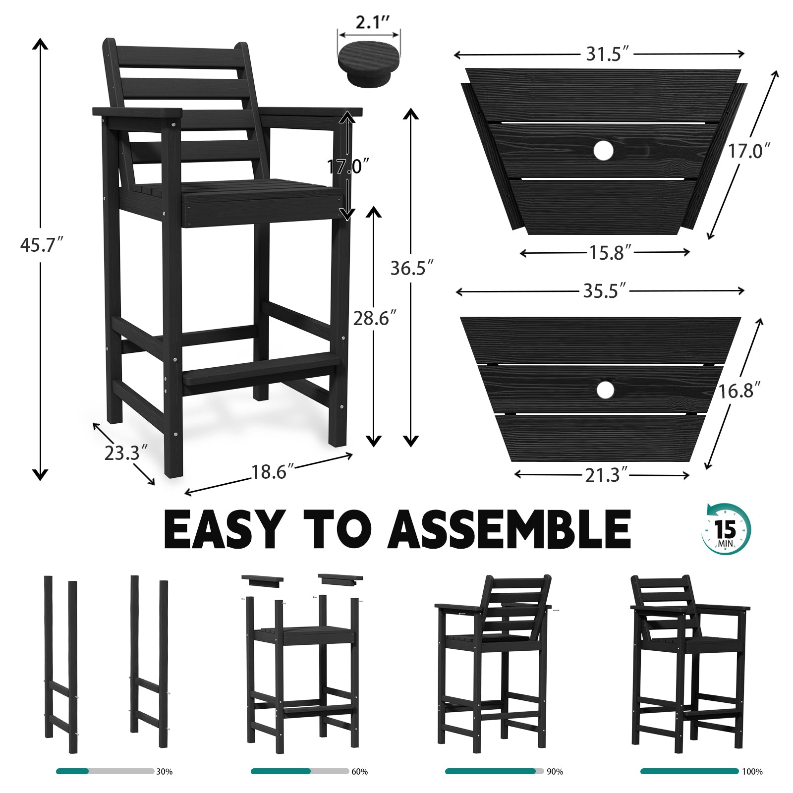 AreShark HDPE Tall Adirondack Chair Set with Removable Double Trays