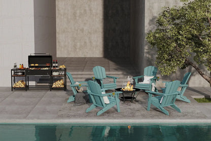 Outdoor patio setting with Adirondack chairs, grill, and fire pit by a pool.