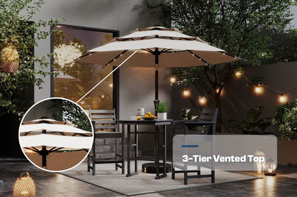 Outdoor patio set with a large umbrella on a patio area with string lights and plants.