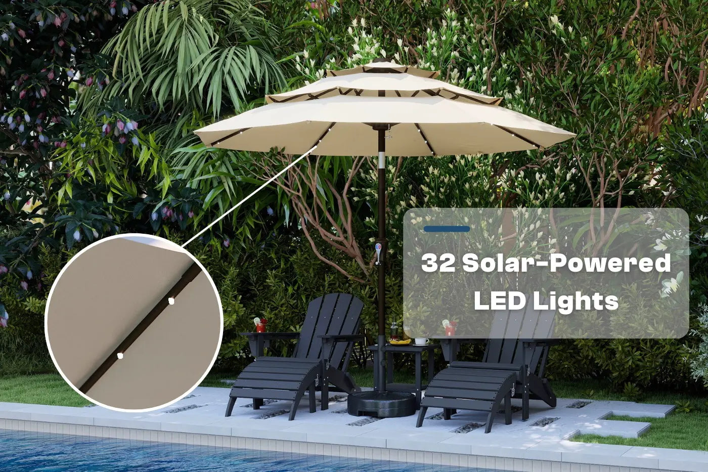 Beige patio umbrella with solar-powered LED lights in a garden setting.