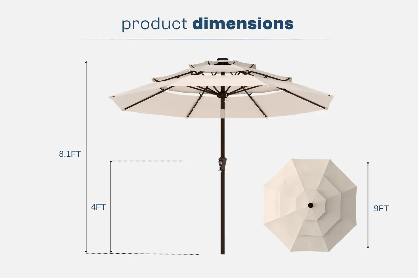 Beige patio umbrella with dimensions labeled on a white background