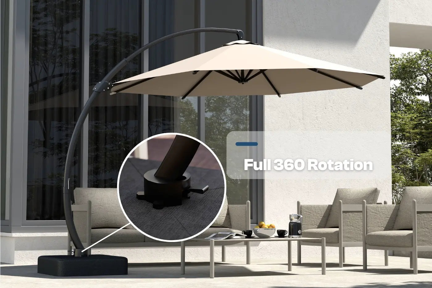 Beige patio umbrella with 360-degree rotation feature on a patio setting.