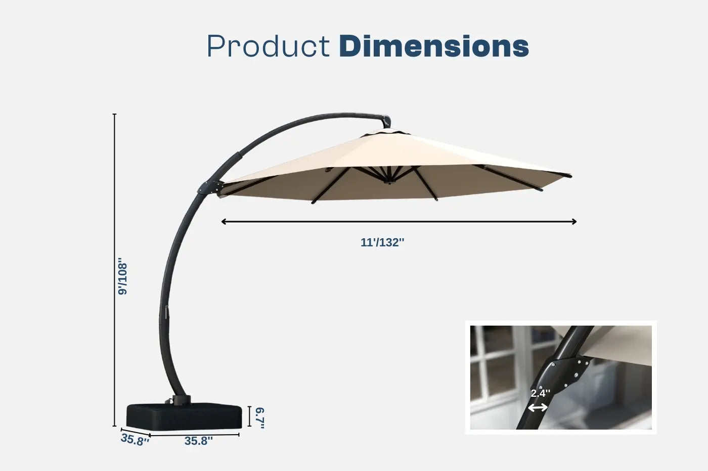 Beige patio umbrella with dimensions displayed on a white background