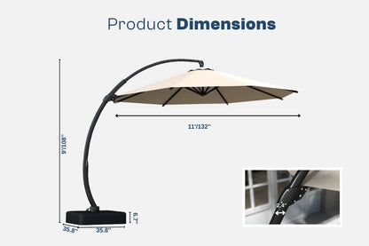 Beige patio umbrella with dimensions displayed on a white background