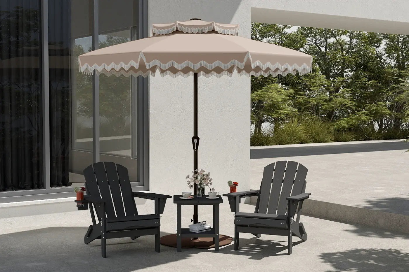 Outdoor patio set with two chairs and a table under a large umbrella on a patio.