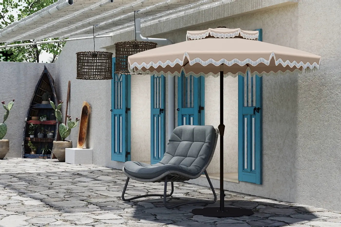 Beige patio umbrella with decorative trim over a gray chair on a stone patio.