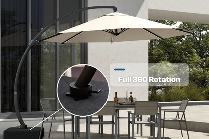 Outdoor patio umbrella with 360-degree rotation feature on a patio setting.