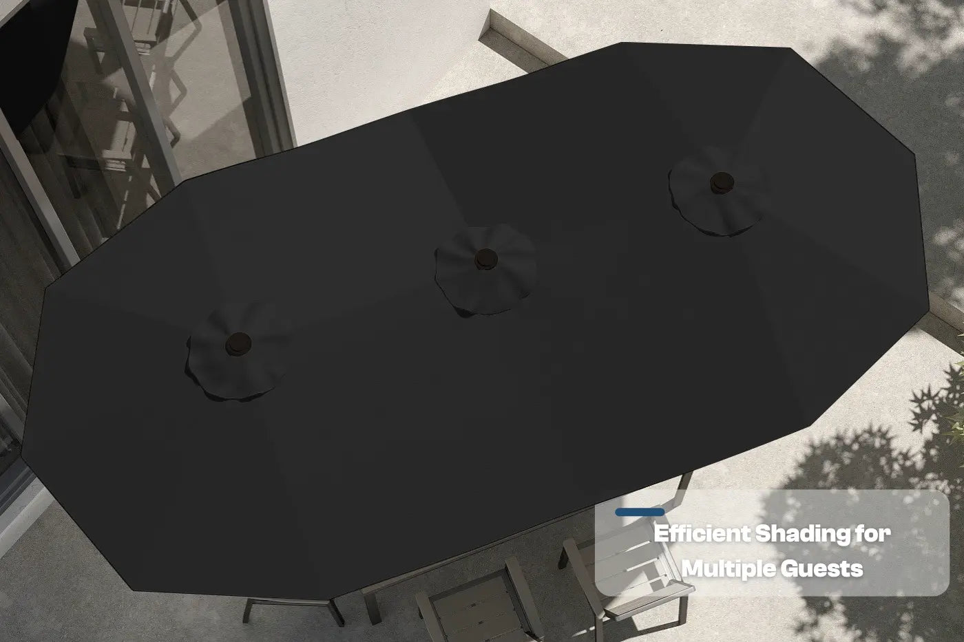 Large black outdoor umbrella with multiple supports on a patio