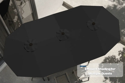 Large black outdoor umbrella with multiple supports on a patio