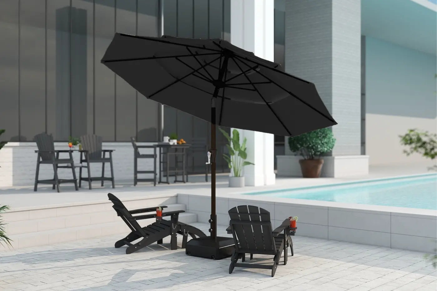 Black patio umbrella on a stand with chairs and a table in an outdoor setting.