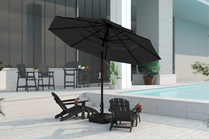 Black patio umbrella on a stand with chairs and a table in an outdoor setting.