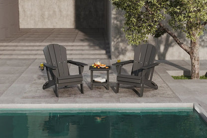 Two Adirondack chairs with a small table by a poolside.