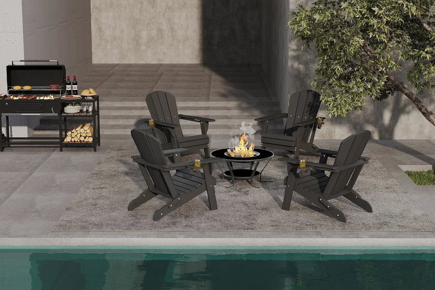 Outdoor patio setup with Adirondack chairs, fire pit, and grill by a pool.